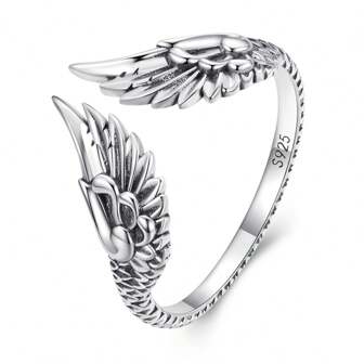 WOSTU 1pc 925 Sterling Silver Vintage Hip-Hop Couple Creative Wing Open Ring, Women's Punk Ring, Party Jewelry, Birthday Gift
