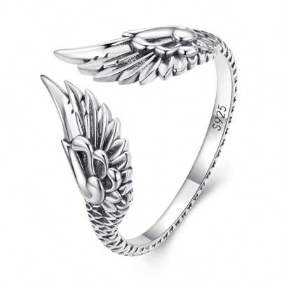 WOSTU 1pc 925 Sterling Silver Vintage Hip-Hop Couple Creative Wing Open Ring, Women's Punk Ring, Party Jewelry, Birthday Gift