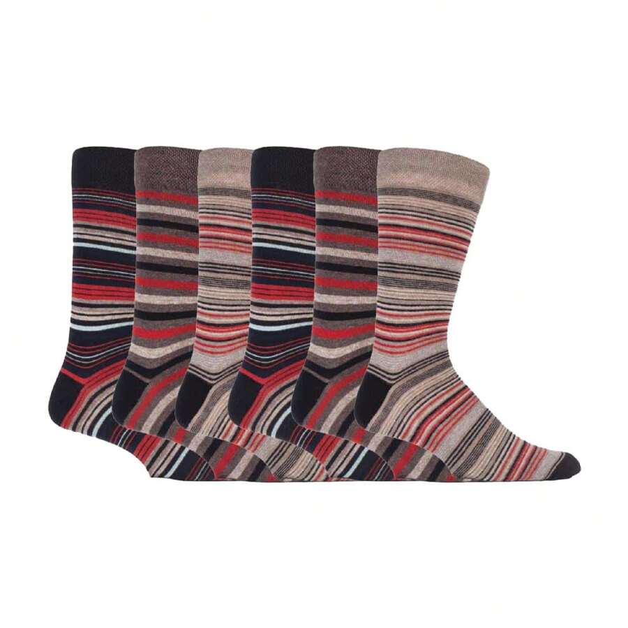 Sock Snob 6 Pack Mens Colourful Striped Patterned Dress Cotton Socks In 7 Styles (Rome) - Fast Shipping And Quick Delivery - Red - View 1