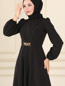 Women's Elegant Long Sleeve Round Neck Bishop Sleeve Arabic Style Dress With Wrap Detail And Zipper Spring Black - Black - View 3