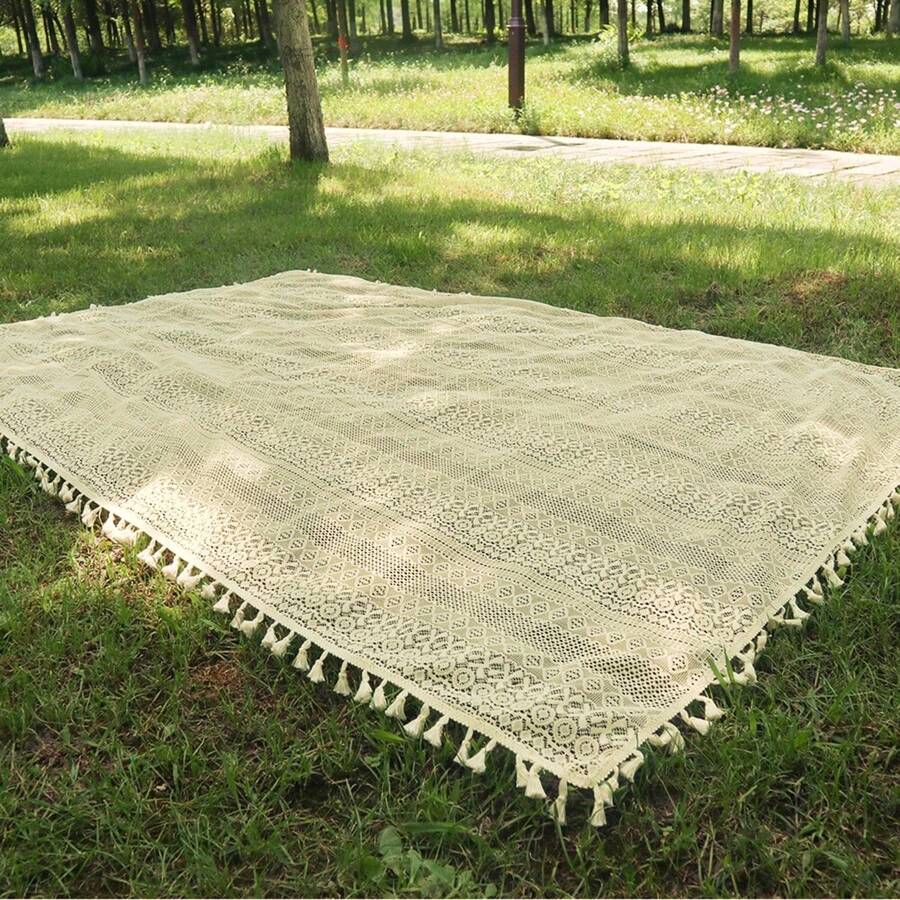 1 pieza Estera de picnic de encaje de jacquard de estilo boho con borlas y calado