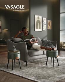 VASAGLE EKHO Collezione - Sgabello, Pouf Contenitore, Rivestimento in PU con Cuciture, Moderno di Metà Secolo, Poggiapiedi Rotondo con Gambe in Acciaio, Portata di 150 kg, Marrone Caramello/ Verde Foresta - Verde - Visualizzare 1