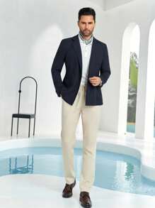 Men's Navy Blue Knitted Double Breasted Suit Jacket - Navy Blue - View 3