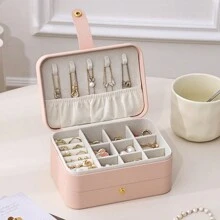 CASEGRACE 1pc PU Leather Travel Jewelry Storage Box, 3-Layer Travel Jewelry Organizer, Multifunctional Travel Jewelry Case, Small Jewelry Box For Women, Jewelry Travel Case Earring Organizer Box With Mirror Back To School