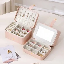 CASEGRACE 1pc PU Leather Travel Jewelry Storage Box, 3-Layer Travel Jewelry Organizer, Multifunctional Travel Jewelry Case, Small Jewelry Box For Women, Jewelry Travel Case Earring Organizer Box With Mirror Back To School