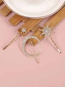 3 件/套 幼儿儿童返校水钻优雅月亮星星发夹 适合女孩造型发饰 - 夾子 - 查看 7