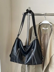 1 件（37 厘米 * 25 厘米 * 10 厘米）时尚女士单肩包、斜挎包、流浪包、挎包、背包、大容量、新月包、PU 材质防刮、适合购物、约会、聚会、工作通勤、可调节肩带长度、优雅简约休闲酷黑色单肩包