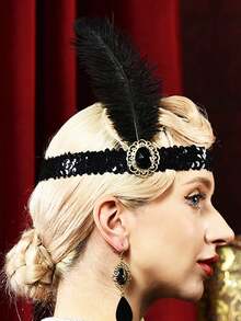 7 件 1920 年代风格女士配饰套装，包括羽毛头带、人造珍珠手链、耳环、项链、长袜、长手套 - 了不起的盖茨比、咆哮的 20 年代主题派对万圣节的轻佻女郎服装 - 多色 - 查看 11