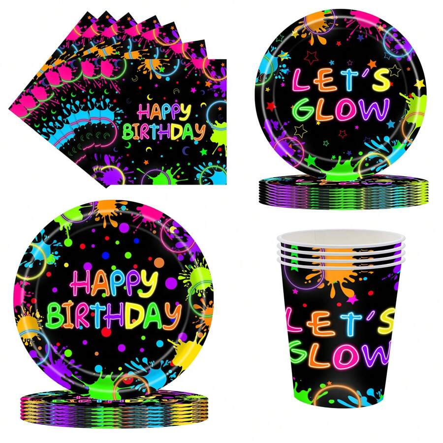 Đĩa giấy và khăn ăn Neon, Đồ dùng tiệc sinh nhật Let Glow, Đĩa giấy và khăn ăn Neon, Khăn trải bàn trang trí tiệc Neon, Giáng sinh - Nhiều màu - Xem 1