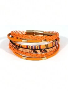 1 Peça Pulseiras Envolventes Laranja de Couro PU Múltiplas para Mulheres, Pulseiras Empilháveis para Aniversário, Festa Diária, Natal, Presentes de Jóias, Acessórios para Baile de Formatura/Páscoa, Jóias Femininas