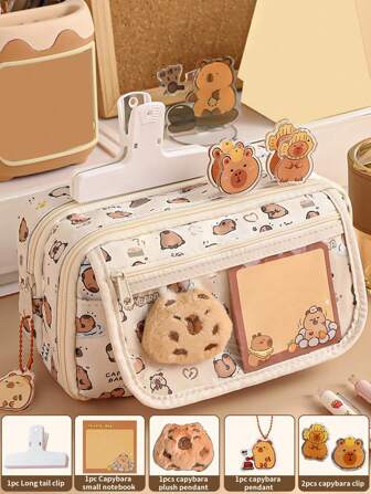 1 件 Capybara 翻盖大容量透明笔袋，多层收纳拉链设计学生铅笔袋，可容纳 80 支笔，可用于存放桌面文具配件和其他收纳袋，一系列校园收纳文具返校铅笔袋（某些选项不包含配件！）返校，铅笔袋，书包