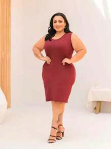 PLUS SIZE VEST DRESS WOMEN'S FASHION - 酒紅色 - 查看 3