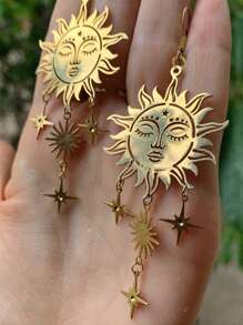 2 件复古合金波西米亚风手工太阳脸镂空星星图案吊坠耳环适合女士日常佩戴 - 金黃色 - 查看 13