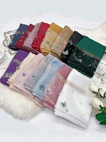 1条优雅秋冬女士仿丝围巾，蝴蝶刺绣，手工串珠，时尚轻薄保暖披肩配饰 - 釘蝴蝶珍珠長絲巾 - 查看 12