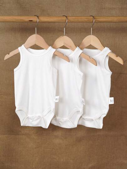 3件套男婴纯色无袖连体衣休闲套装