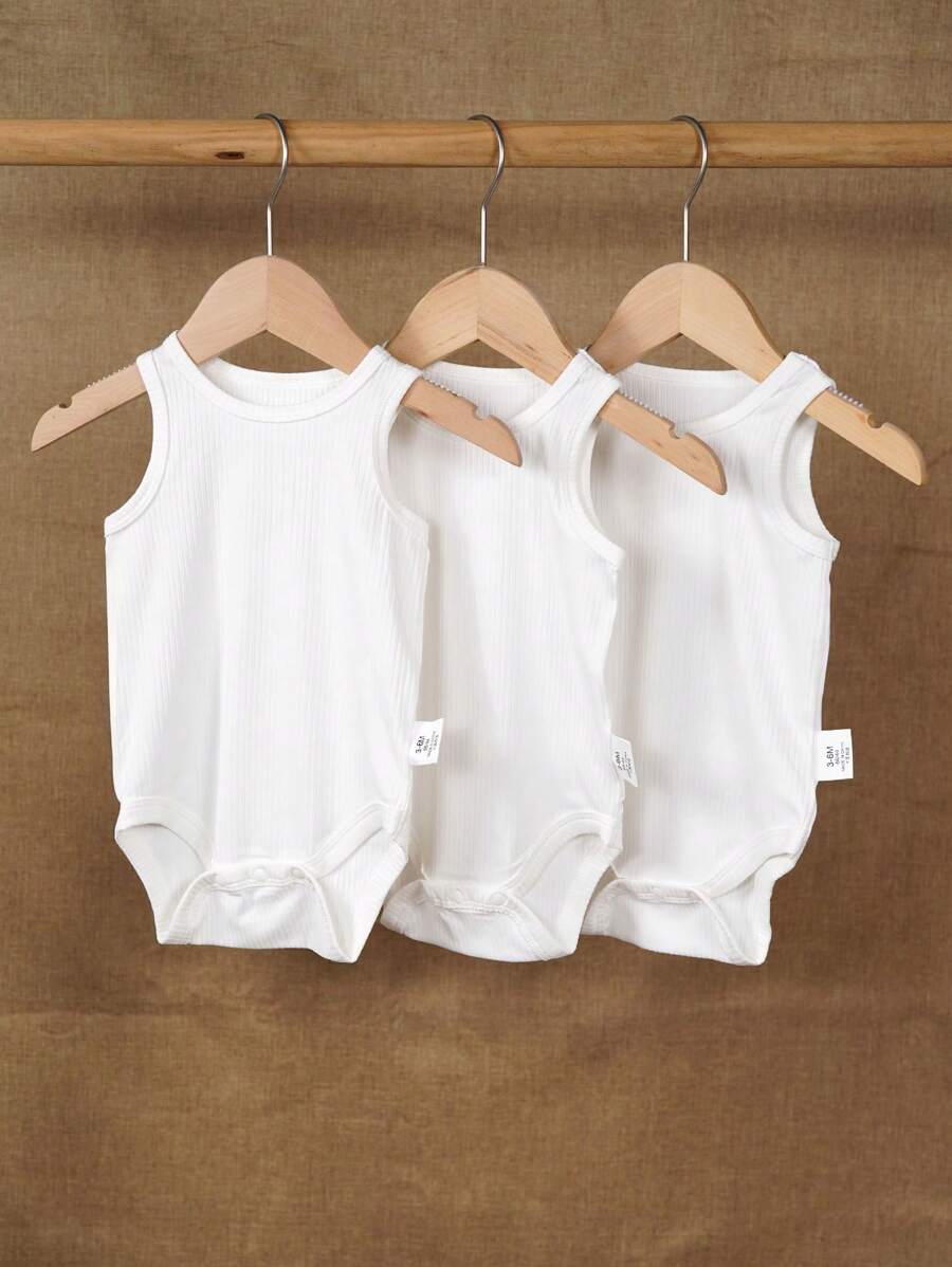 3件套男婴纯色无袖连体衣休闲套装