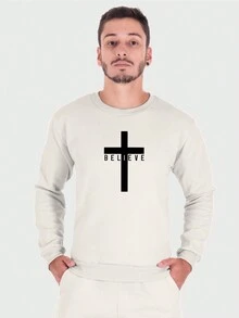 Basic Men's Round Neck Sweatshirt Believe Print Flannel Interior - Màu be - Xem 2