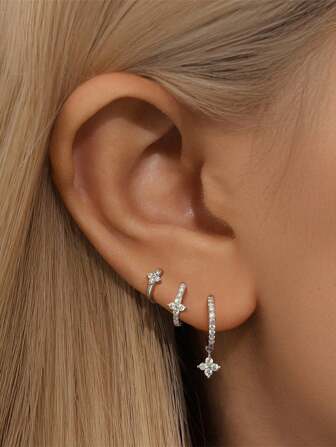 3PCS S925 Sterling Silver Hoop Earrings Creative Classic Tiny Cartilage Earrings Cubic Zirconia Earrings For Women Wedding Party Wedding Engagement Party Gift Holiday