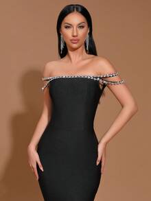 Modphy New Sexy Off Shoulder Beaded Bodycon Maxi Bandage Dress, Women Formal Evening Gown For Wedding Party, Wedding Guest Dress - Black - View 8