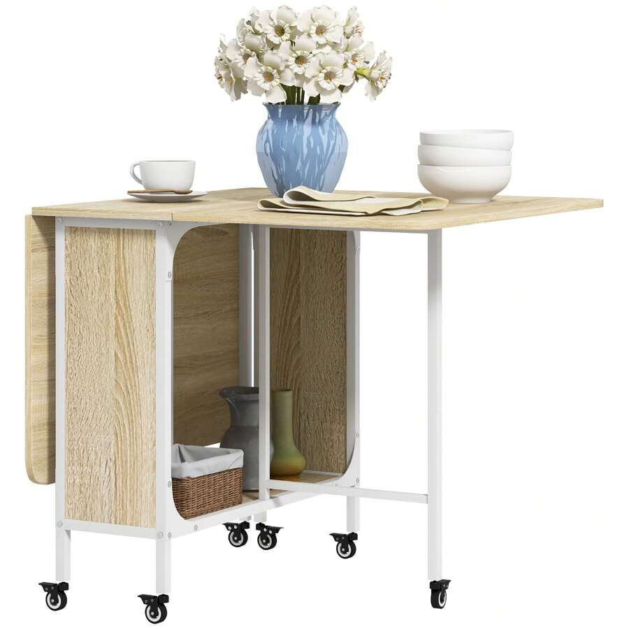 HOMCOM Mobile Drop Leaf Table Folding Kitchen Table Extendable Dining Table For Small Spaces With 6 Wheels & Storage Shelf