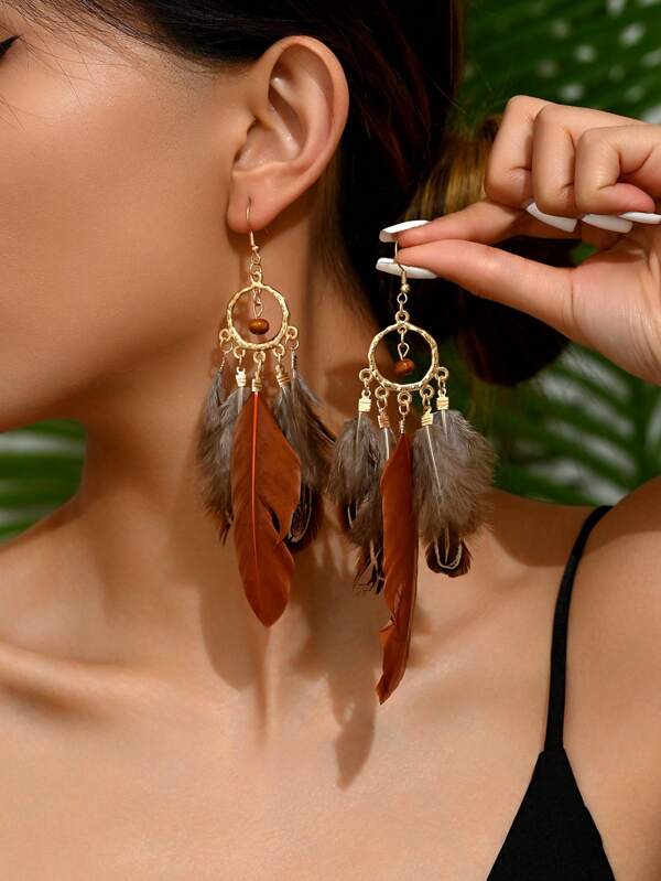 1 Pair Retro Feather Fashion Earrings, Suitable For Daily Outfit
