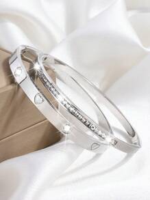 2 Pcs Gorgeous Exquisite Personalized Stainless Steel Love Single Row Drill Bangle Combination Suitable For Holiday Gift-Giving Ladies - Heart Diamond + Single Row Diamond Bracelet - View 16