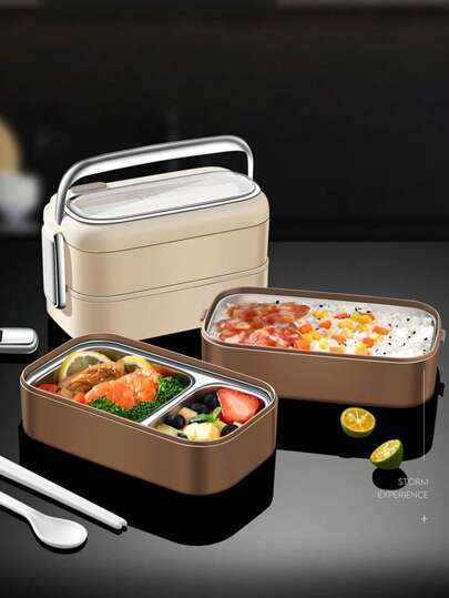 3pcs/Set Stainless Steel Microwaveable Bento Lunch Box, Insulated Food Container With Compartments & Utensils For Office Workers & Students