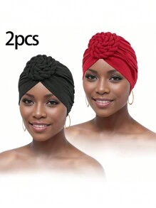 2 pezzi Turbanti da donna, Cappelli a turbante a nodo di moda dai colori solidi con pattern a bussola, confortevoli e traspiranti, adatti per la casa, l