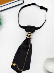 1pc Black Polyester Bow Tie & Faux Pearl Inlaid Decor & Metal Chain Adjustable Neck Strap Design For Women, Suitable For Parties, Ceremonies, And Daily Wear  Accessories Women - Black - View 3