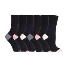 Gentle Grip 6 Pack Ladies Non Elastic Loose Top Patterned Cotton Rich Socks (SOLRH206) - Fast Shipping And Quick Delivery - Black - View 1