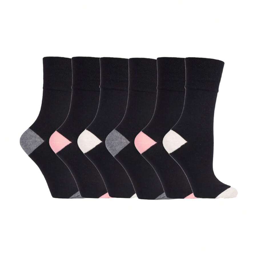 Gentle Grip 6 Pack Ladies Non Elastic Loose Top Patterned Cotton Rich Socks (SOLRH206) - Fast Shipping And Quick Delivery - Black - View 1