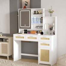 Makeup Vanity With Lights In 3 Colors & Openable Mirror, Vanity Desk With 4 Drawers & 1 Cabinets & Shelves, Vanity Table Rattan Vanity Dresser, For Bedroom.Mo-Autos