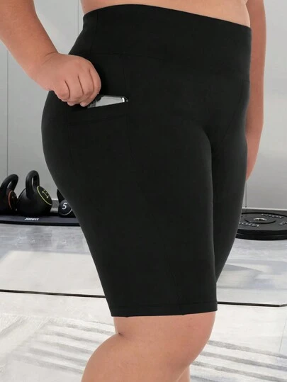 Plus Size Women Moon Pocket Yoga Pants, Elastic Soft Cycling Shorts, Daily 5 Point Pants