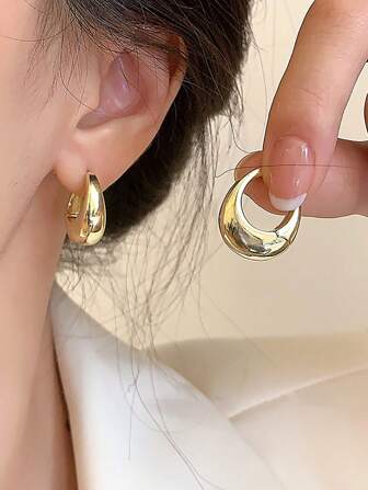 1pair European & American Minimalist Metallic Geometric U-Shaped Smooth Oval Hoop Earrings For Women, Daily Wear