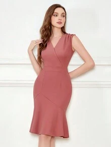 MIUSOL Đầm dự tiệc cocktail bó sát cổ chữ V viền bèo nhún thanh lịch, Đầm dự tiệc bán trang trọng, cho tiệc sinh nhật, tiệc cưới, lễ tốt nghiệp, tiệc tối, tiệc về trường - Bụi hồng - Xem 4