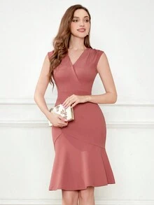 MIUSOL Đầm dự tiệc cocktail bó sát cổ chữ V viền bèo nhún thanh lịch, Đầm dự tiệc bán trang trọng, cho tiệc sinh nhật, tiệc cưới, lễ tốt nghiệp, tiệc tối, tiệc về trường - Bụi hồng - Xem 7