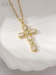 Hihho 1pc European & American Style Shiny Rhinestone Embellished Cross Pendant Necklace, Fashionable And Versatile Jewelry Gift For Women - Yellow Gold - View 20