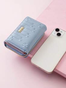 新款刺绣三折短款女士手提包，多功能时尚手提包，多卡槽手拿包零钱包，浅蓝色 - 藍色 - 查看 4