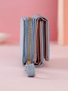 新款刺绣三折短款女士手提包，多功能时尚手提包，多卡槽手拿包零钱包，浅蓝色 - 藍色 - 查看 7