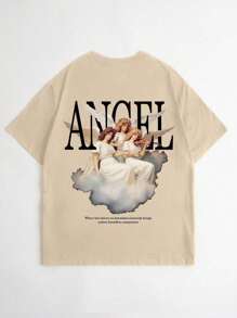 Men's Slogan & Angel Print Drop Shoulder T-Shirt - 卡其色 - 查看 1