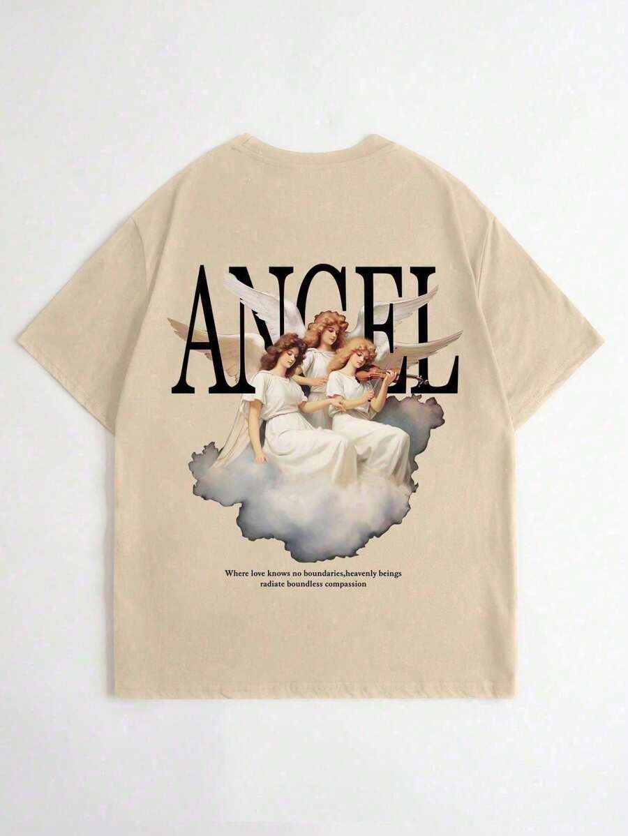 Men's Slogan & Angel Print Drop Shoulder T-Shirt - 卡其色 - 查看 1