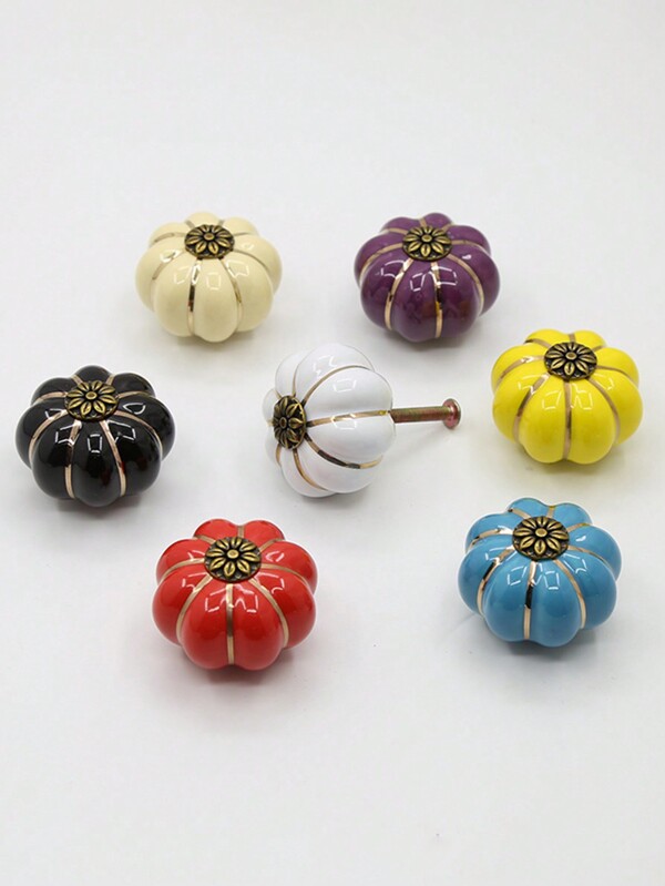 1 pieza/6 piezas Tiradores de cerámica con forma de calabaza, perillas de gabinete/cajón de acero inoxidable y madera, estilo rústico, colores: blanco, negro, rojo, amarillo, azul, blanco lechoso