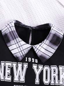 2pcs Tween Girls Collared Location Print Cropped Top And Plaid Mini Skirt School Style Set, Spring/Autumn - Black and White - View 3