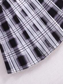 2pcs Tween Girls Collared Location Print Cropped Top And Plaid Mini Skirt School Style Set, Spring/Autumn - Black and White - View 5