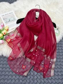 1条优雅秋冬女士仿丝围巾，蝴蝶刺绣，手工串珠，时尚轻薄保暖披肩配饰 - 釘蝴蝶珍珠長絲巾 - 查看 11