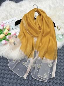 1条优雅秋冬女士仿丝围巾，蝴蝶刺绣，手工串珠，时尚轻薄保暖披肩配饰 - 釘蝴蝶珍珠長絲巾 - 查看 9