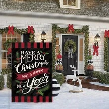 1 件圣诞花园旗帜圣诞树圣诞老人双面印刷亚麻节日花园装饰旗帜横幅（无旗杆） - 彩色 - 查看 3