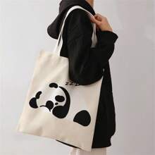 1pc Panda Print Shoulder Tote, Soft Foldable Large Capacity For Books, Groceries & Daily Use. Cute For Students & Women, Great Daily Bag Or Gift - Multicolor - View 2