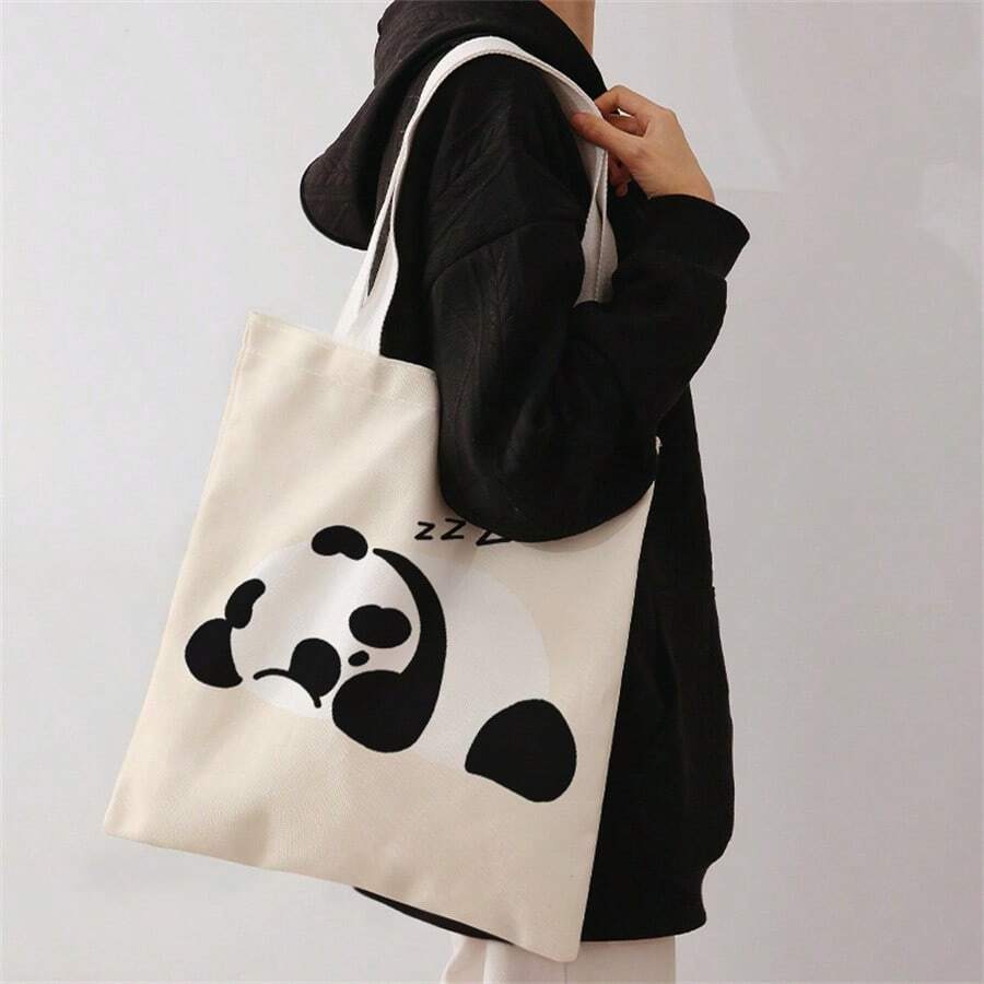 1pc Panda Print Shoulder Tote, Soft Foldable Large Capacity For Books, Groceries & Daily Use. Cute For Students & Women, Great Daily Bag Or Gift