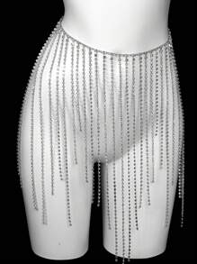 Luxurious Multilayered Sparkling Rhinestone Chain Tassel Body Chain Top For Women, Ideal For Nightclubs - Silver - View 5